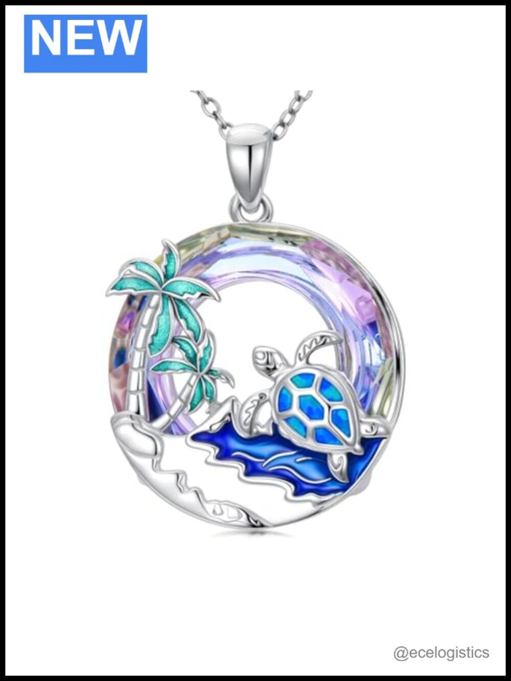 Sterling Silver Crystal Sea Turtle Pendant Necklace 18in Adjustable Chain